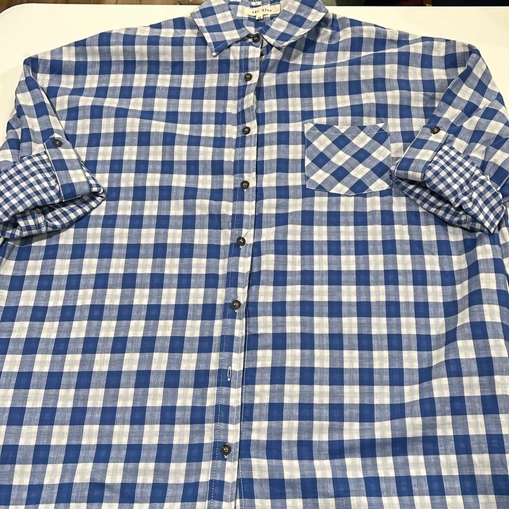 Lac Bleu - boutique, white and blue plaid checkered tunic‎